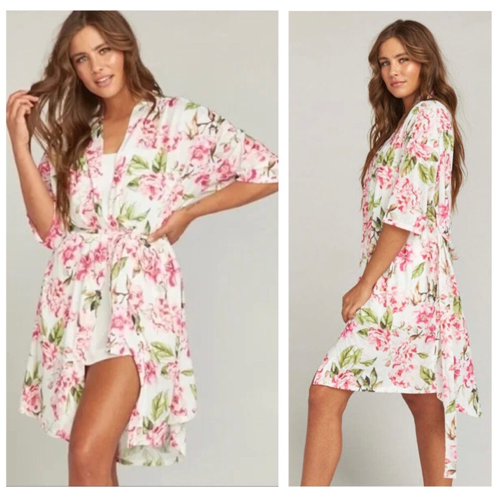 Show Me Your Mumu Pink Roses Floral Prints White Open Front Robe Lounge Wear OS